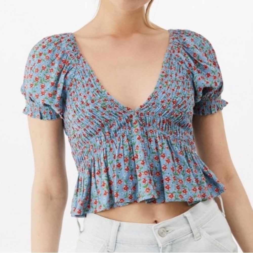 Urban Outfitters Izzy Smocked Blue Printed Top